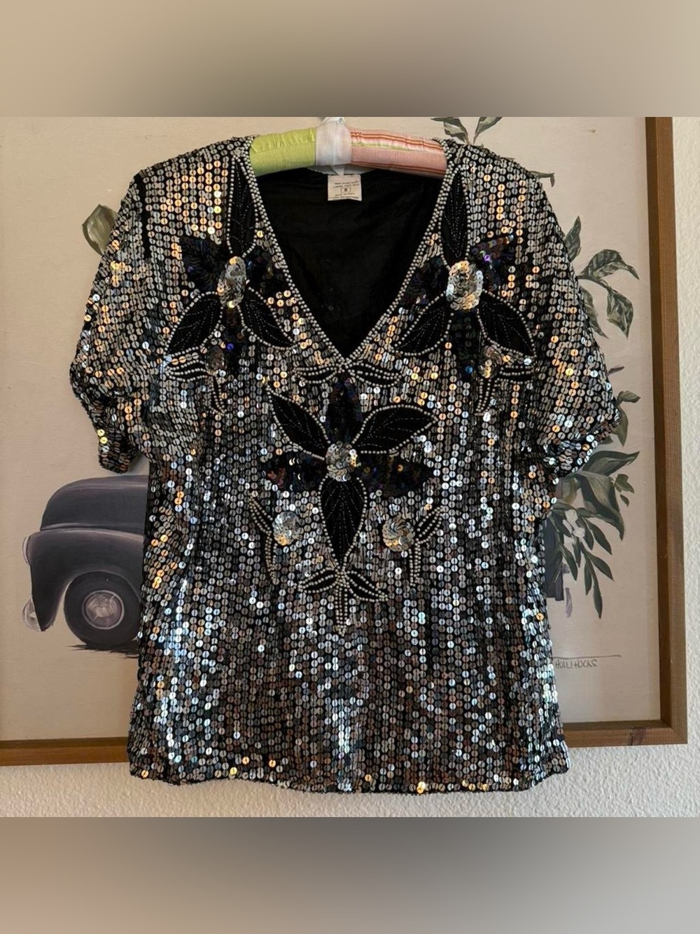 VTG 80s Black Silk Sequin V-Neck Floral Embellished Women’s Top